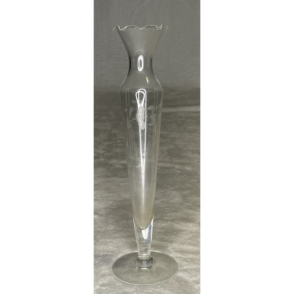 Princess House Heritage Bud Vase Floral Etched Glass Scalloped Fluted Rim 10"